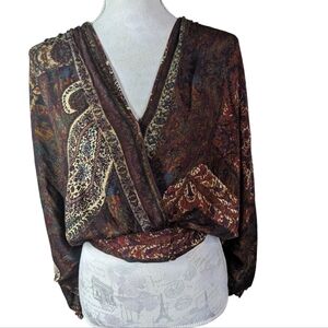 Zara Bohemian Boho Paisley Printed Balloon Sleeve Crossover V-Neck Blouse